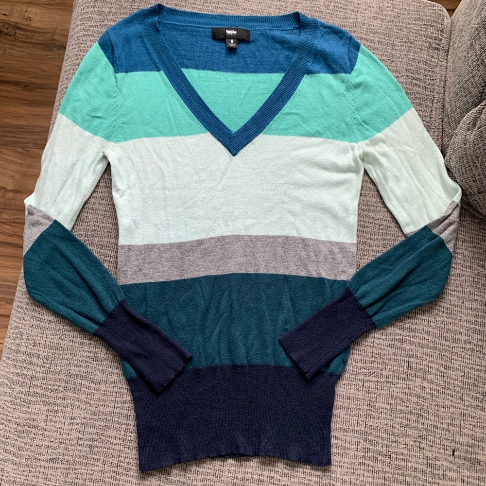Teal Blue and Green Tones Striped V Neck Sweater by Mossimo